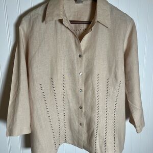 100% Linen Blouse by Peter Martin Women’s Size 14, 3/4 length sleeves Light tan